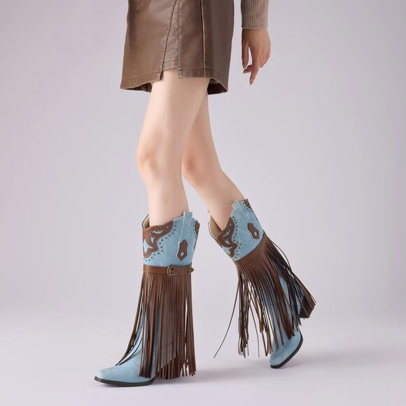 ⚡Women's Blue Fringe Embroidered Western Knee High Cowgirl Boots Chunky Heel - Picture 4 of 6